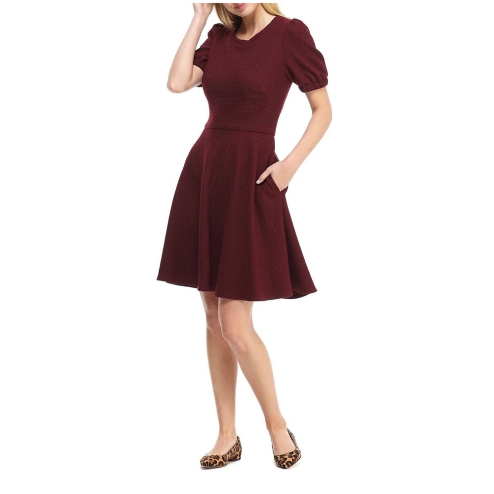 Gal Meets Glam Kristen Rib Knit Fit and Flare Vino Wine Puff Sleeve Dress 14